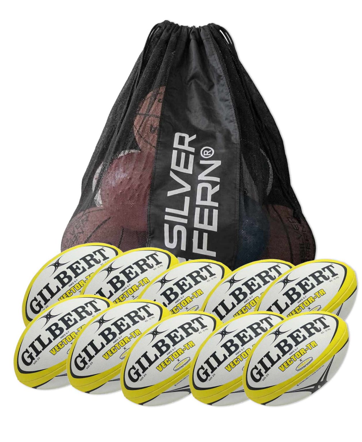10 X Gilbert Vector Rugby Balls - Size 2.5 + Free MESH BALL CARRY BAG ...