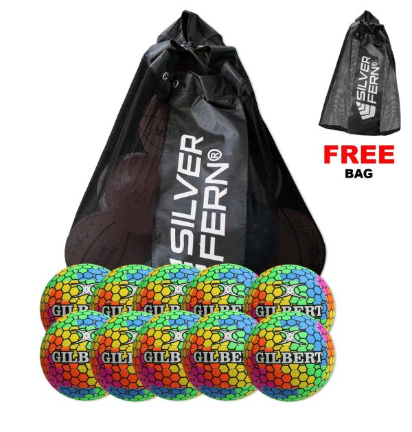 10 x Gilbert Glam Hex Netballs Size 4 + <font color="red">FREE</red> MESH BALL CARRY BAG