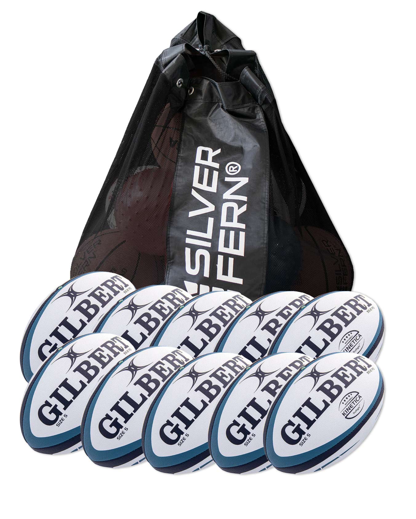 10 x Gilbert Kinetica Match Rugby Balls - Size 5 + <font color="red">Free</font> MESH BALL CARRY BAG 10 x Gilbert Kinetica Match Rugby Balls